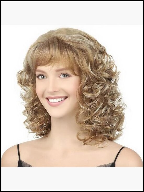 Short Blonde Curly Wig with Bangs Shoulder Length Shaggy Synthetic Full Wig